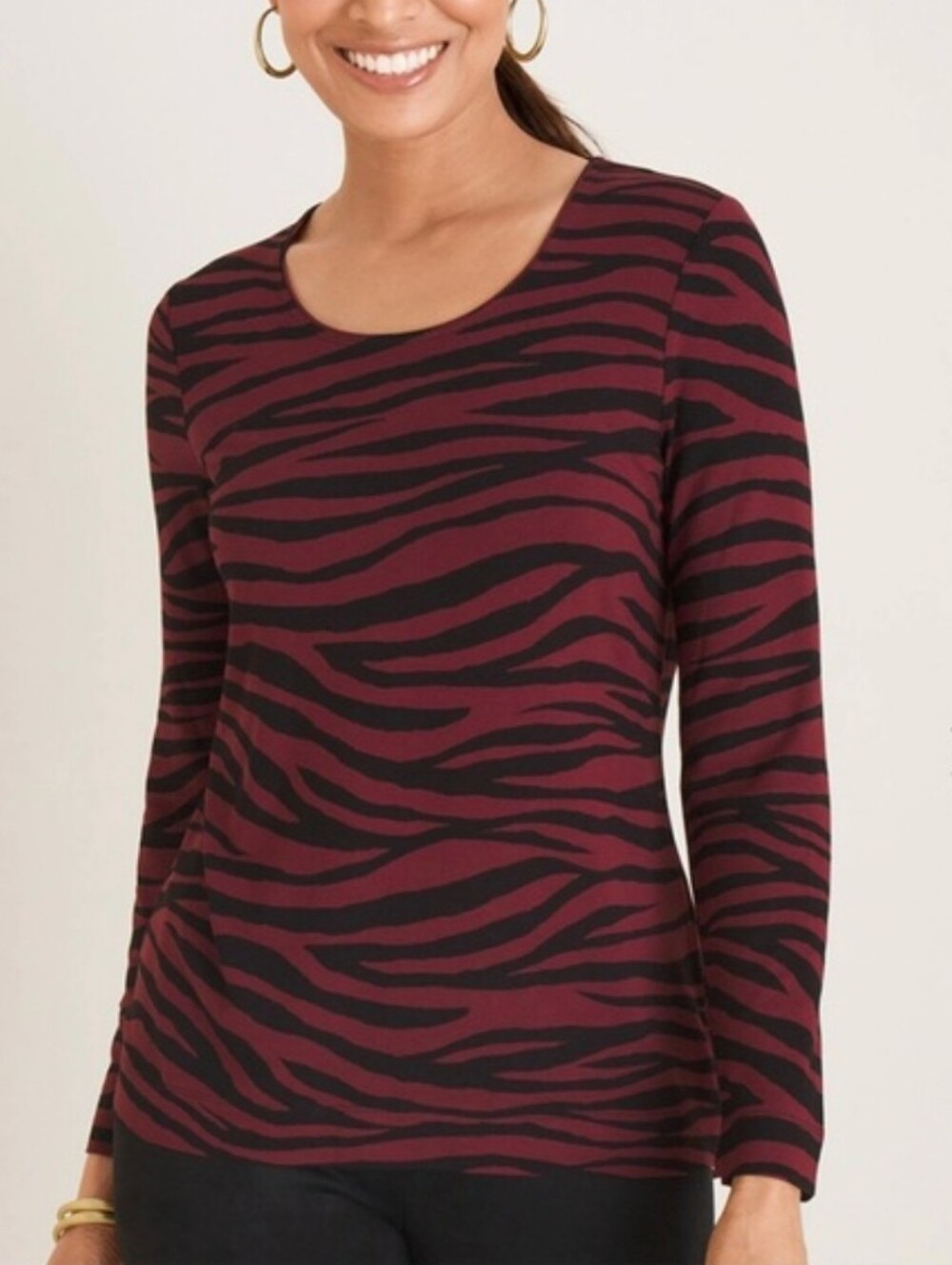 Chico's Women's Top Red and Black Animal Print Long Sleeve Tee Boho